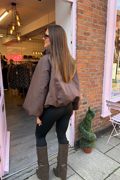 Alex Chocolate Balloon Sleeve Puffer Jacket