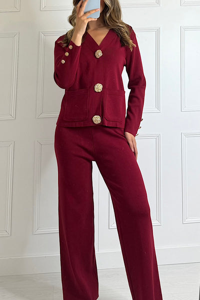 Sasha Knitted Trouser and Top Co-ord Set In Red Wine