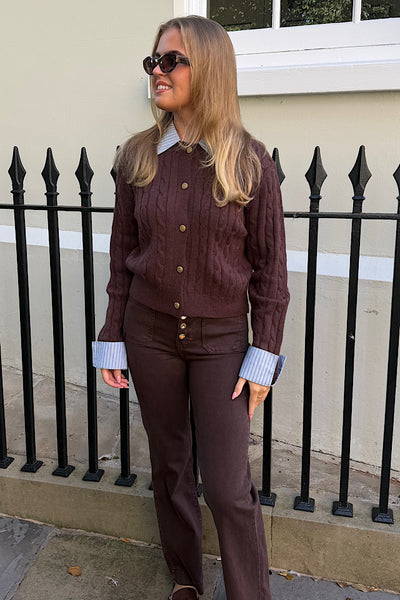 Cleo Cable Knit Cardigan With Collar And Cuff In Chocolate Brown