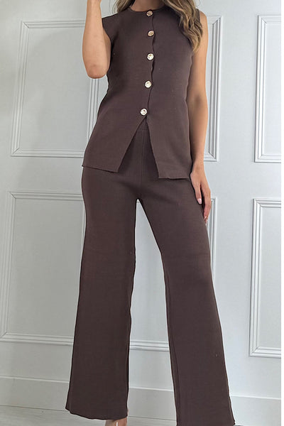 Chocolate Knitted Gold Button Peplum Waistcoat And Waistcoat