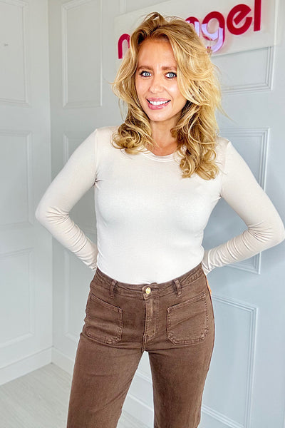 Maddie Stretch Patch Pocket Wide Leg Jeans In Brown