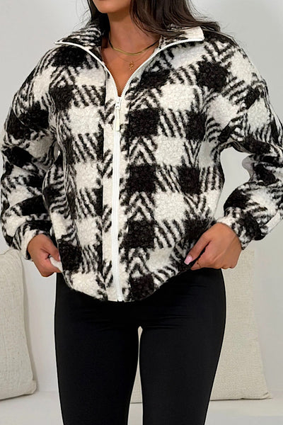 Tessa Full Zip Dogtooth Print Fleece In Black
