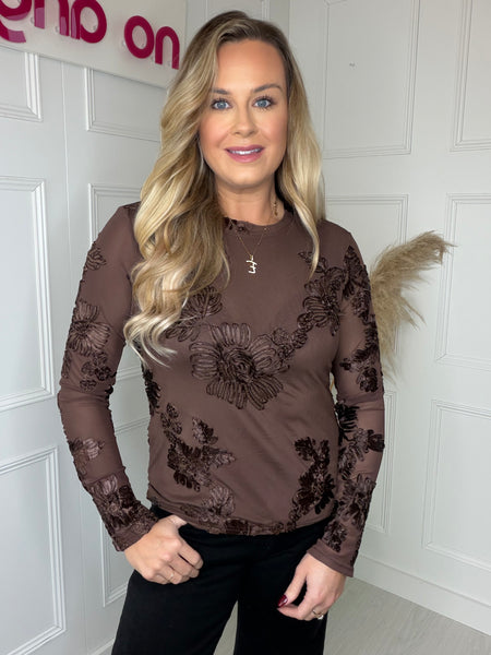 Alicia Sheer Ribbon Top In Chocolate