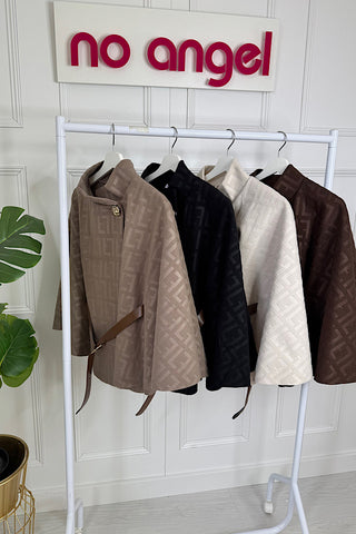 Embossed Faux Suede Gold Button Belted Cape