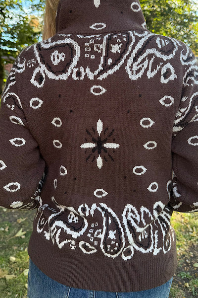 Margot Bandana Print Zip Up Cardigan In Chocolate