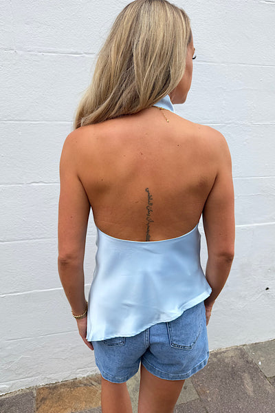 Grace Satin Drape Neck Top In Pastel Blue