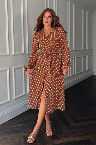 Kaya Brown Spot Print Midi Shirt Dress