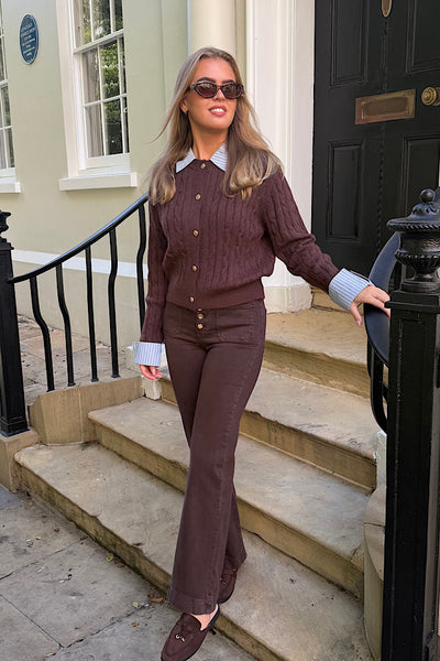 Cleo Cable Knit Cardigan With Collar And Cuff In Chocolate Brown