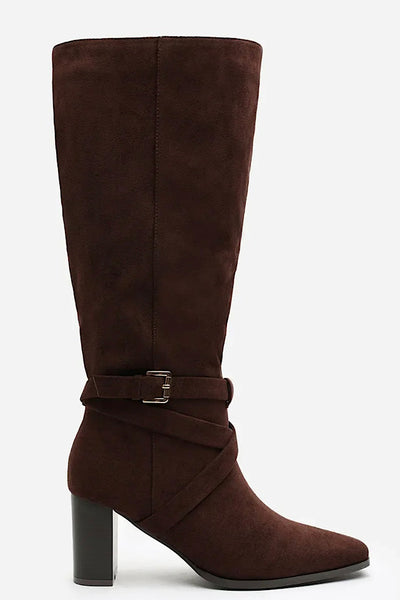 Zoe Brown Suedette Knee High Block Heel Boots