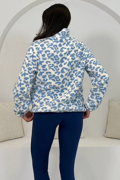 Lulu Leopard 3/4 Zip Fleece Ice Blue & Ivory