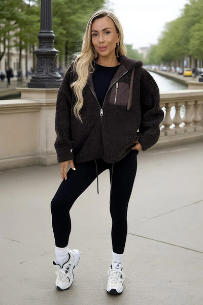 Chocolate Pocket Hooded Teddy Jacket