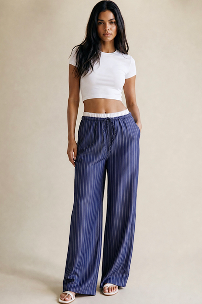 Pinstripe Wide Leg Trousers In Navy