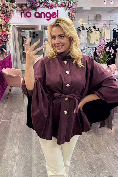 Suedette Military Button Tie Waist Cape In Plum