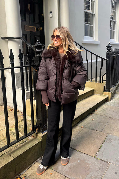 Aspen Faux Fur Trim Coat In Chocolate