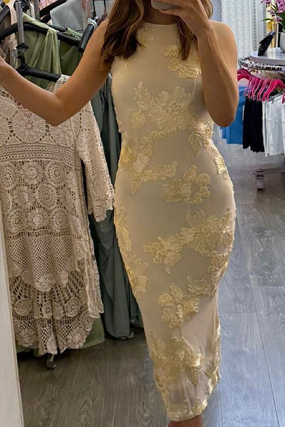 Floral Lace Lined Midi Dress In Buttermilk
