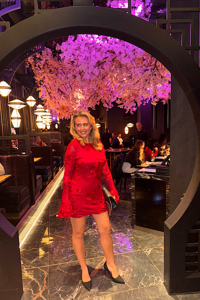 Red Wine Floral Lace Lined Mini Dress