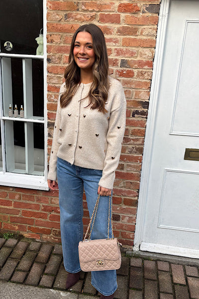 Imogen Gold Heart Cardigan In Oatmeal