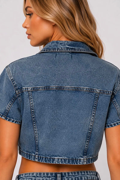 Denim Collar Cropped Button Up Shirt