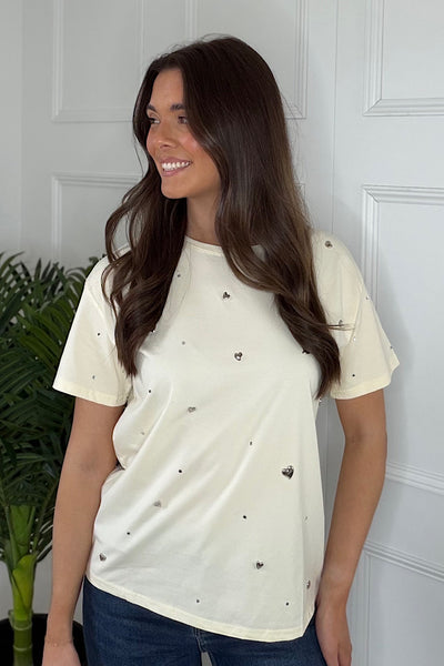 Beth Soft Lemon T-Shirt With Silver Heart Embellishment