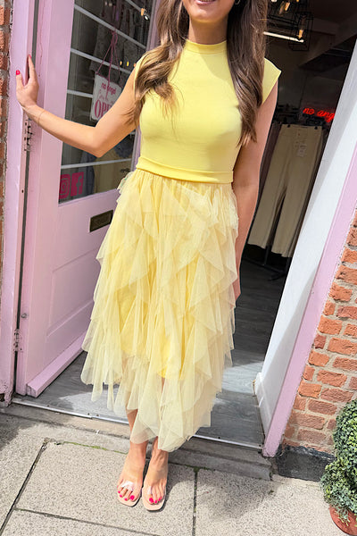 Beau Layered Tulle Midi Dress In Lemon