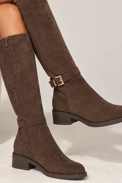 Beau Brown Suedette Knee High Elasticated Riding Boots with Buckle Detail