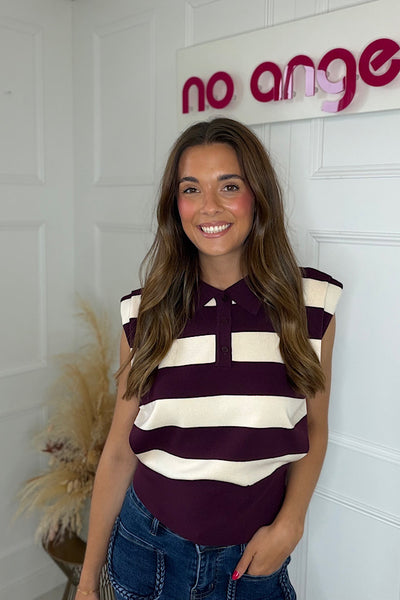 Collared Stripe Tank Top In Plum