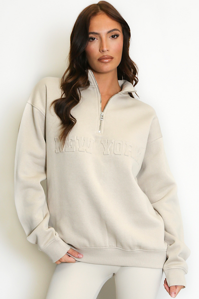 Cream NEW YORK Zip Slogan Sweatshirt