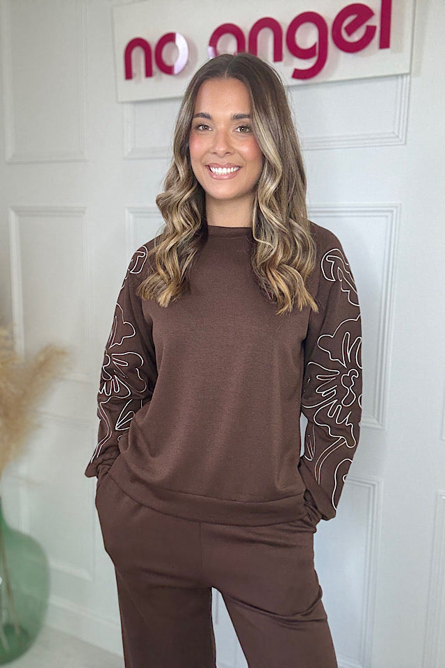 Chocolate Floral Outline Sweatshirt And Jogger Co-ord