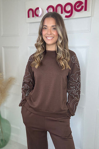 Chocolate Floral Outline Sweatshirt And Jogger Co-ord