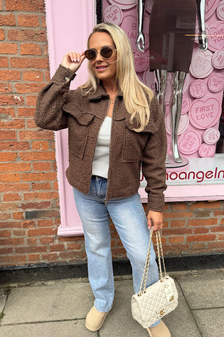 Chocolate Teddy Jacket With Oversized Pockets