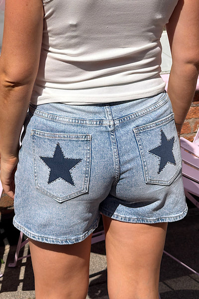 Macey Light Wash Denim Star Pocket Shorts