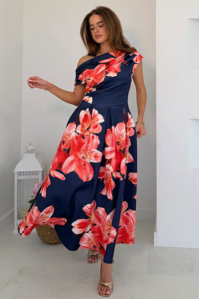 Betty Asymmetric Neckline Floral Print Skater Midi Dress Navy