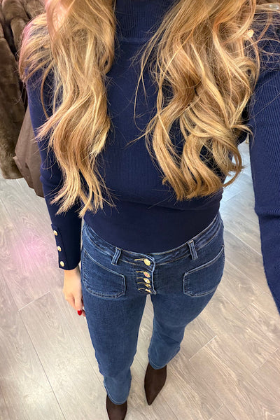 Lila Blue Mid Wash Denim Multi Button Straight Leg Stretch Jeans