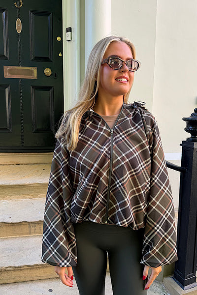 Emma Plaid Check Hooded Jacket In Khaki
