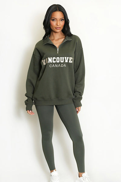 Khaki Vancouver Slogan Zip Sweatshirt