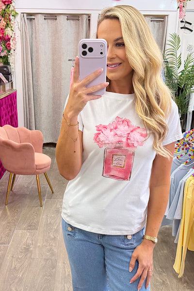 Pink Floral Perfume Appliqué T-Shirt
