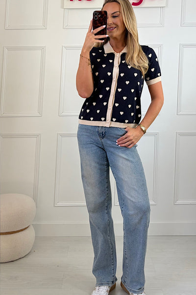 Love Heart Soft Knit Top In Navy