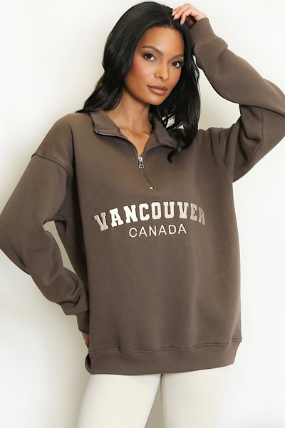Chocolate Vancouver Slogan Zip Sweatshirt