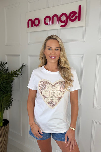 Heart Crochet And Sequin Appliqué T-shirt