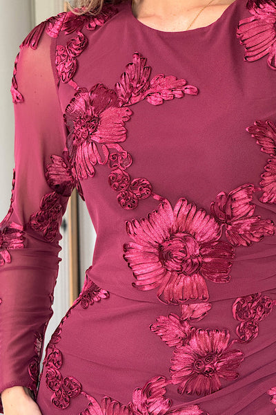 Elodie Floral Embroidered Bodycon Dress In Burgundy
