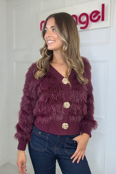 Burgundy Faux Fur Panelled Cardigan