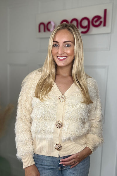 Cream Faux Fur Panelled Cardigan In Cream