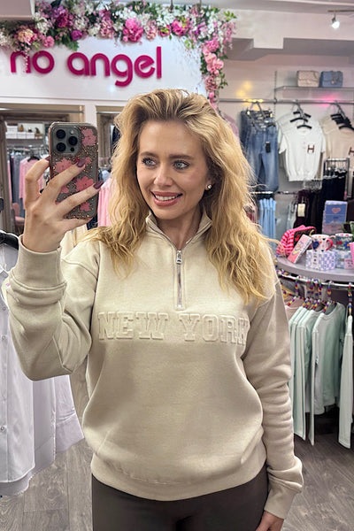 Cream NEW YORK Zip Slogan Sweatshirt