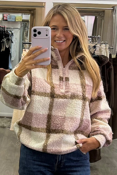 Tessa 1/4 Zip Check Print Fleece In Pink
