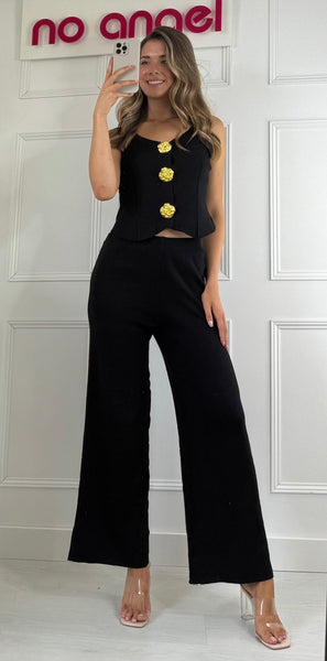 Lucy Knitted Gold Button Top And Trousers In Black