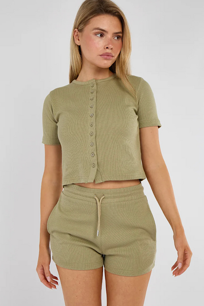 Ribbed Button Up Top & Shorts Co-ord In Sage