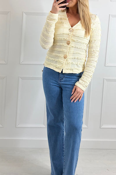Pastel Lemon 🍋 Ruffle Cardigan With Gold Button Fastening