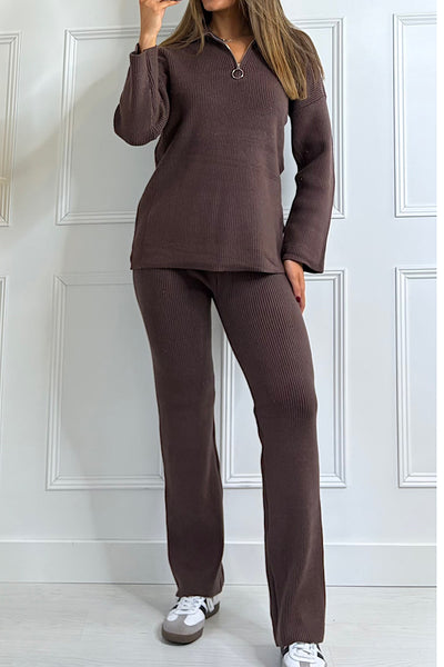 Chocolate Brown 1/4 Zip Knitted Co-ord