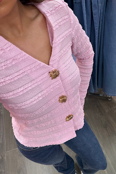 Pastel Pink Ruffle Cardigan With Gold Button Fastening