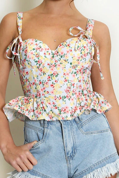 Floral Print Tie-Shoulder Peplum Top